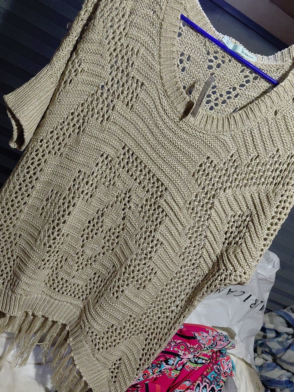 Maurices Beige Openwork Scoop Neck Fringe Sweater